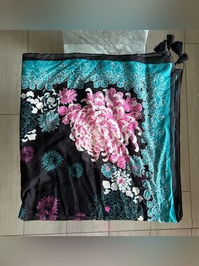 Women’s Black Floral Print Skarf with Teal & Pink Accents